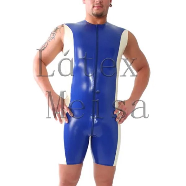 100% натуральный латекс catsuit безрукавки мужской латекс zentai с передней молнией главный синий с белой отделкой цвета
