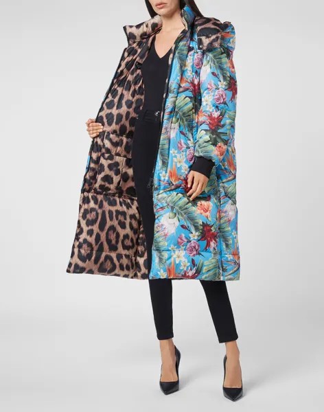 Двусторонняя нейлоновая длинная куртка Iconic Plein Philipp Plein, цвет Leopard/Multicolor