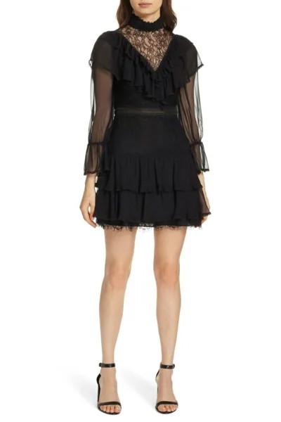 ALICE + OLIVIA Прозрачная кружевная многоярусная юбка с воротником-стойкой и рюшами Мини-платье CLEA 2 ~ XS