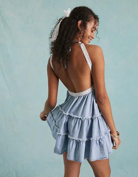 Miss Selfridge – Синее многоярусное джинсовое платье мини с кружевной вставкой
