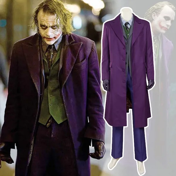 Костюм для косплея Heath Ledger на Хэллоуин, мужской костюм Джокера в стиле Темного рыцаря, фиолетовый жакет, полный комплект, рубашка, галстук, жилет, женский
