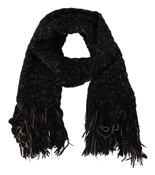 DOLCE - GABBANA Шарф Черный шерстяной трикотажный платок с бахромой 230см x 32см $1000