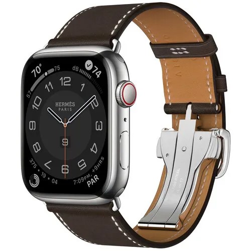 Часы Apple Watch Hermès Series 8 GPS + Cellular 45mm Silver Stainless Steel Case with Ebène Barénia Leather Single Tour Deployment Buckle