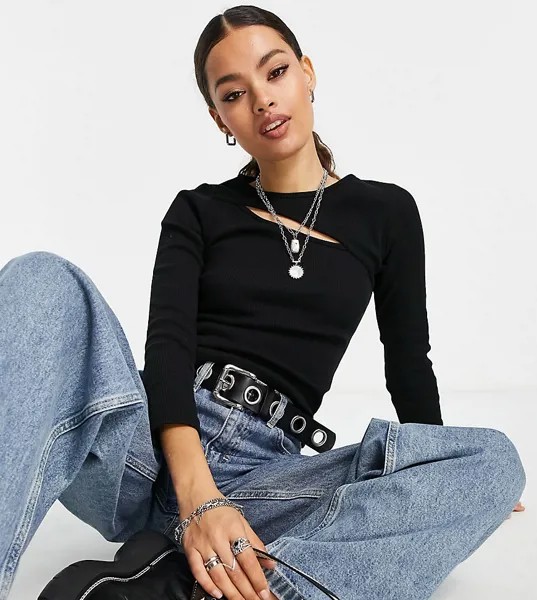 Черный лонгслив в рубчик с вырезом Topshop Petite-Черный цвет