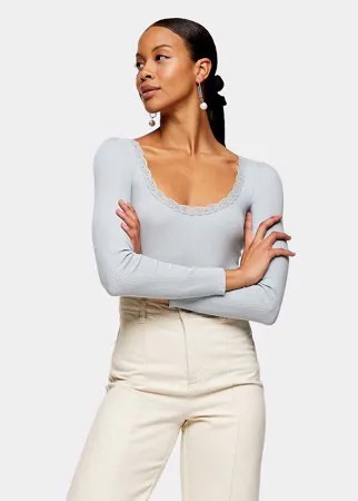 Голубой лонгслив с кружевной отделкой Topshop