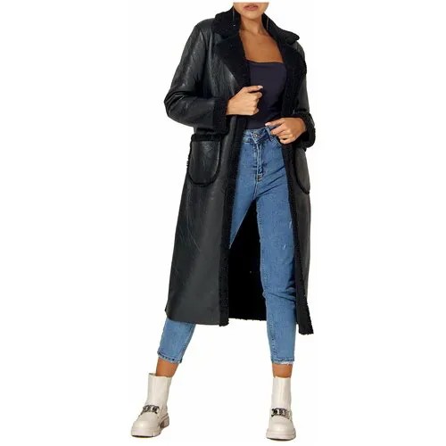 Пальто , искусственный мех, удлиненное, силуэт прямой, размер 46, черный