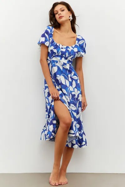 Женское льняное платье миди Saks с цветочным узором PP7448 Cool & Sexy, темно-синий