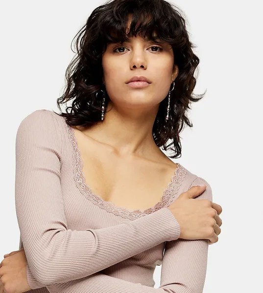 Светло-коричневый лонгслив с кружевной отделкой Topshop Tall-Нейтральный