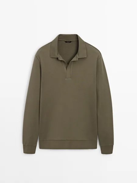 Рубашка поло с длинными рукавами из хлопковой смеси Massimo Dutti, хаки