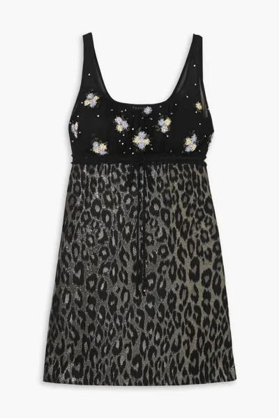 Жаккардовое платье мини из тюля с вышивкой и леопардовым принтом Miu Miu, черный