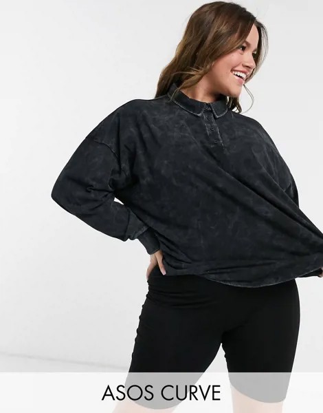 Лонгслив-поло в стиле oversized выбеленного темно-серого цвета ASOS DESIGN Curve-Серый