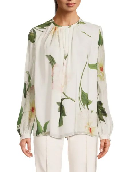 Шелковая блузка с цветочным принтом Giambattista Valli, слоновая кость