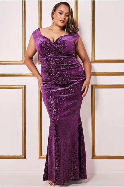 Плюс платье макси с пайетками и бархатом Goddiva, фиолетовый