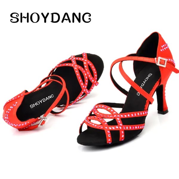 Туфли SHOYDANC женские для латиноамериканских танцев, красные, гранатовые, стразы, обувь для сальсы, летние танцевальные сандалии