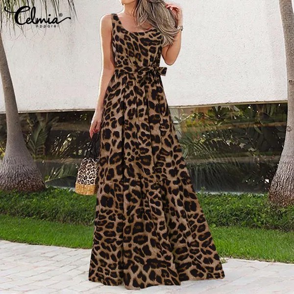 Celmia Лето Женщины Леопардовый принт Качели Праздник Длинное платье Без рукавов Элегантное A-line Casual Loose Plus Size