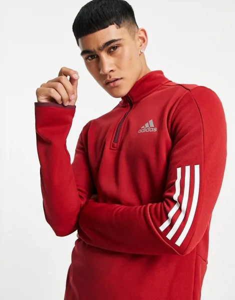 Красный свитшот на молнии длиной 1/4 и с 3 полосками adidas Training