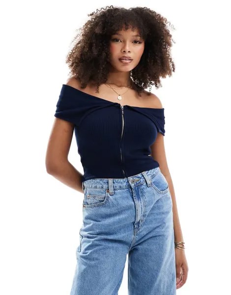 Pull&Bear — темно-синий топ с вырезом с открытыми плечами и молнией