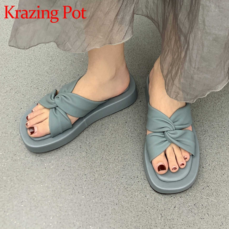 Шлепанцы Krazing Pot женские из натуральной кожи, на толстой подошве, сланцы с узлом, украшение, модные однотонные удобные тапочки для улицы, L56