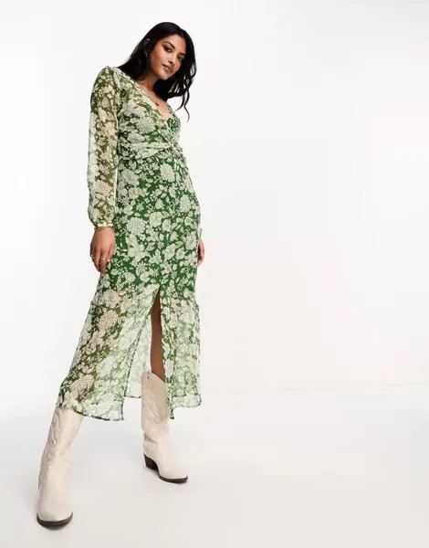 Зеленое платье миди с V-образным вырезом и цветочным принтом Mango