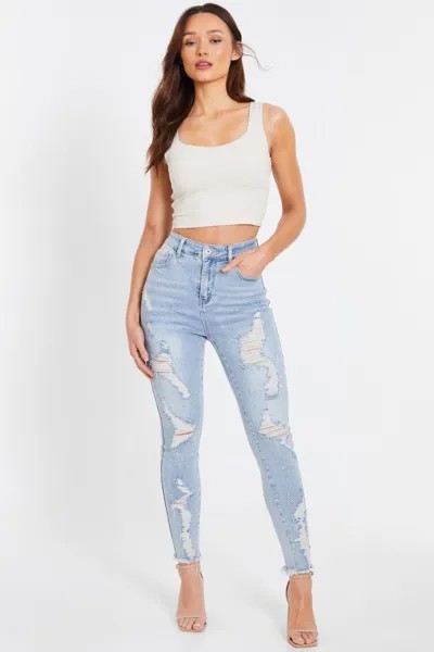 Джинсы скинни с синими рваными стразами QUIZ Clothing