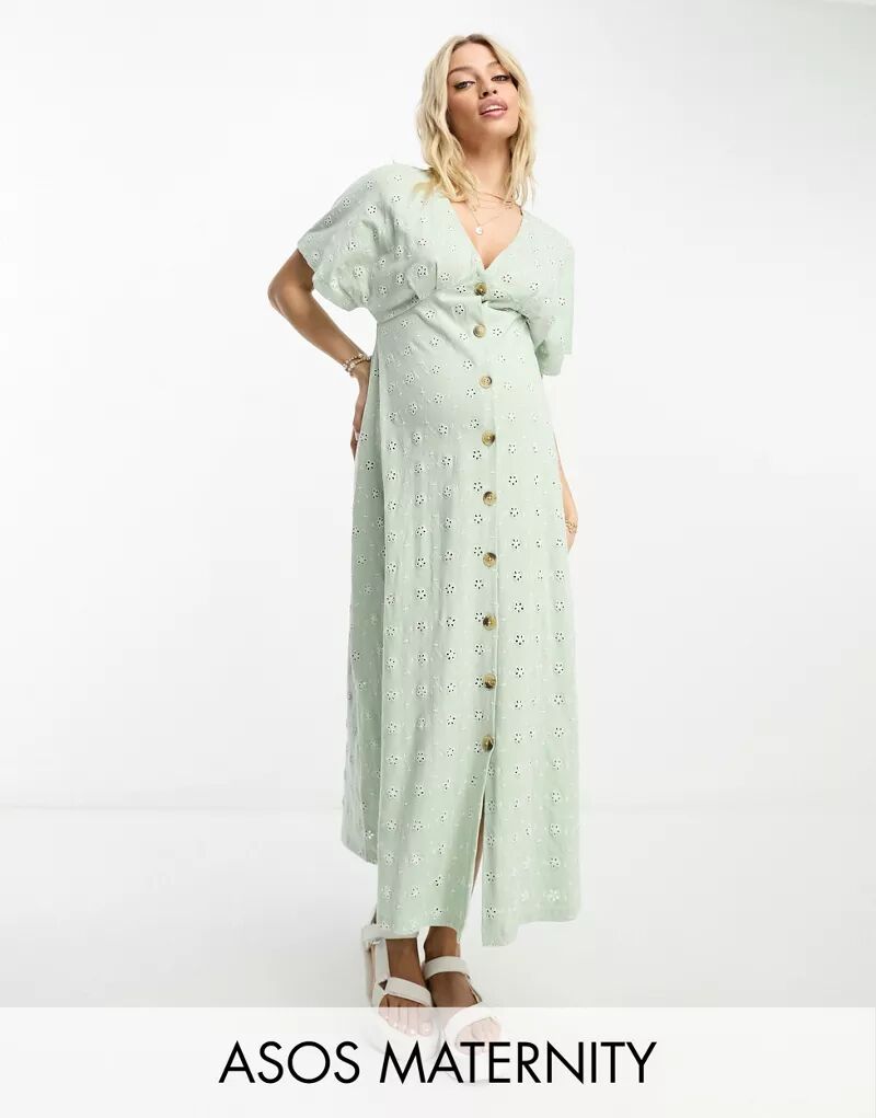 Платье миди шалфейного и кремового цвета с v-образным вырезом и пуговицами ASOS DESIGN Maternity