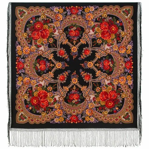 Платок Павловопосадская платочная мануфактура,148х148 см, черный, оранжевый