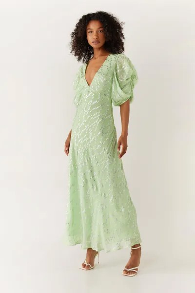 Платье миди с блестящим цветочным принтом и V-образным вырезом с пышными рукавами Warehouse, зеленый