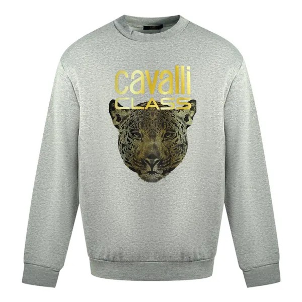 Серый джемпер с леопардовым принтом и логотипом Roberto Cavalli, серый