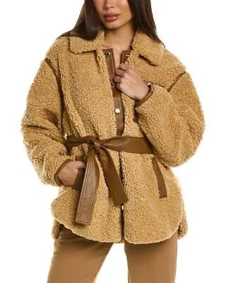 Женское плюшевое пальто Sandro с кожаной отделкой