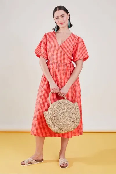 Оранжевое клетчатое платье и объемными рукавами Accessorize, оранжевый