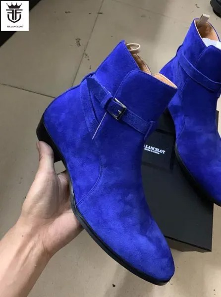 Ботинки FR.LANCELOT, замшевые ботинки ярко-синего цвета, с острым носком, с пряжкой, ботильоны для вечерние, 2020, Серебряная Пряжка