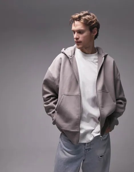 Толстовка на молнии Topman Premium Heavyweight Oversized, коричневато-серый