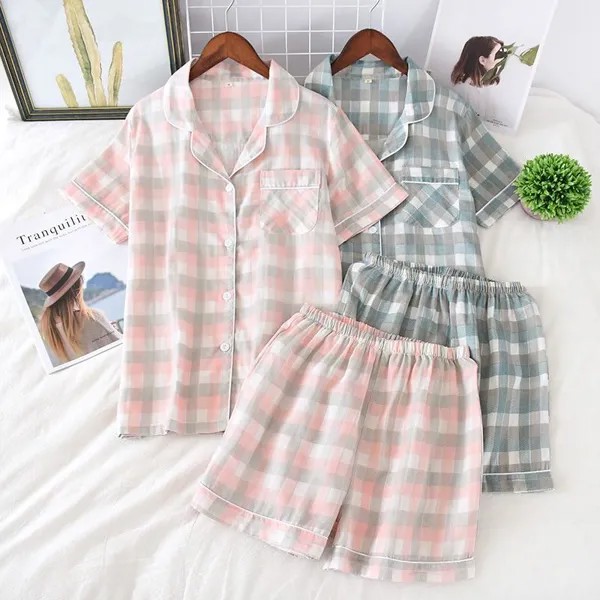 Японская простая короткая пижама женщины 100% хлопок короткие рукава дамы пижама комплекты шорты Симпатичные мультяшные пижамы женщины домашняя одежда