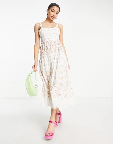 Ярусное платье мидакси Miss Selfridge Premium цвета слоновой кости с цветочной вышивкой
