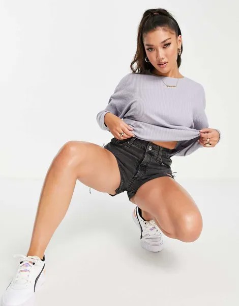 Серая футболка с рукавами «летучая мышь» из супермягкой ткани в рубчик ASOS DESIGN-Серый