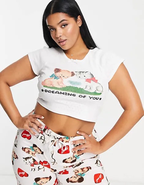 Кремовый пижамный комплект из футболки и брюк с милым мотивом New Girl Order Curve