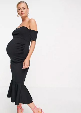 Черное платье миди с открытыми плечами и юбкой годе True Violet Maternity-Черный цвет