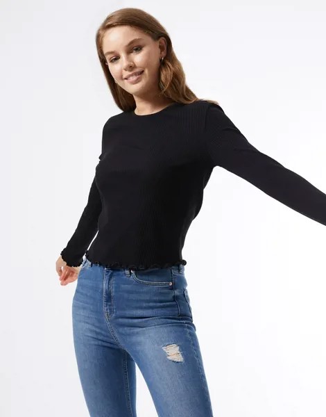 Черный трикотажный лонгслив в рубчик с круглым вырезом Miss Selfridge-Черный цвет