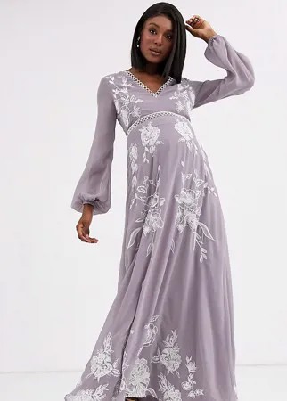 Платье макси с разрезом на рукавах, вышивкой и отделкой в виде колец ASOS DESIGN Maternity-Мульти