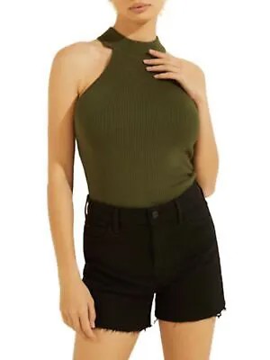 Женский зеленый ребристый приталенный свитер без рукавов с лямкой на шее GUESS XS