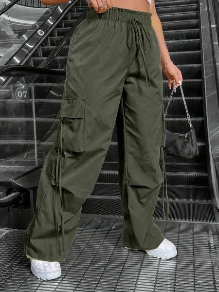 EZwear, Однотонные рабочие брюки больших размеров с завязками Shein, темно-зеленый