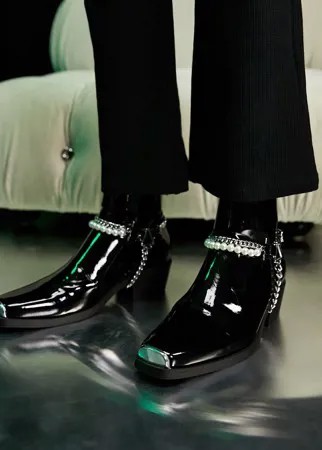 Черные лакированные ботинки челси в стиле вестерн на кубинском каблуке с жемчужным ремешком ASOS DESIGN-Черный цвет