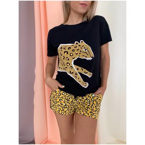 Комплект женский (фуфайка + шорты); черный, желтый леопард; Trikozza