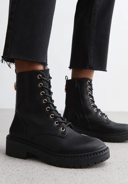 Ботильоны на платформе Black Leather-Look Lace Up Biker Boots New Look, черный