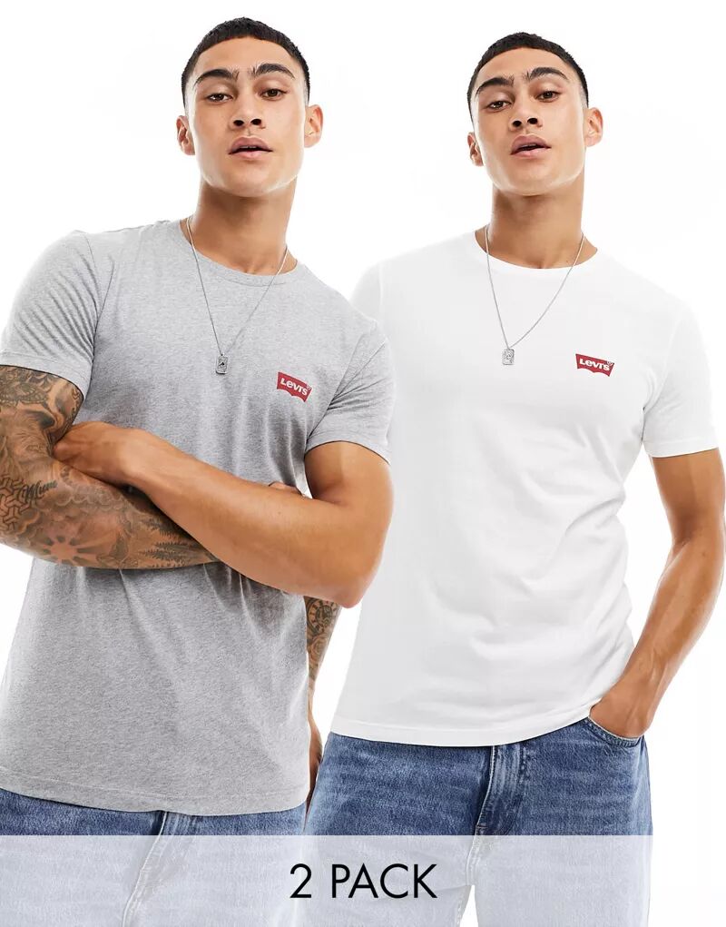 Комплект из двух футболок Levi's с круглым вырезом и логотипом летучей мыши бело-серого лайма