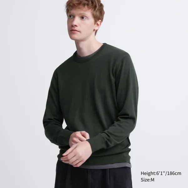 Свитер Uniqlo мужской из шерсти мериноса с круглым вырезом, оливковый