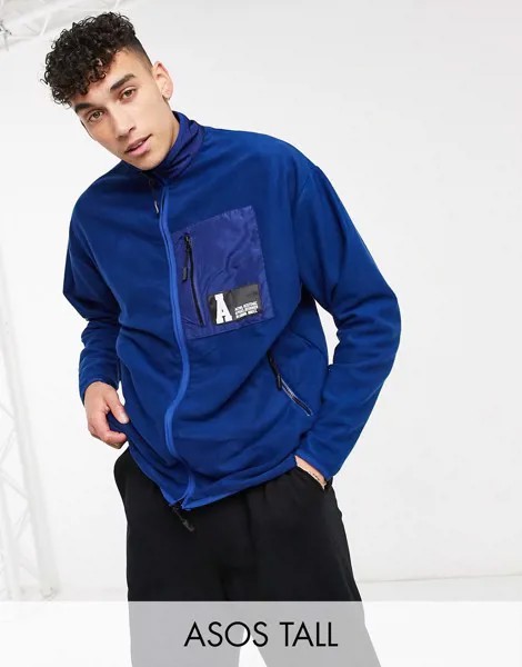 Синяя олимпийка в стиле oversized из плотного флиса с логотипом на кармане ASOS Actual Tall-Многоцветный