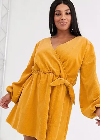 Вельветовое свободное платье мини с запахом ASOS DESIGN Curve - marigold-Оранжевый