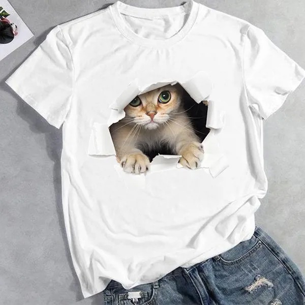 Летняя мода 3D Cat Прекрасный тренд Графическая футболка Одежда Повседневные женщины Топ Футболка с коротким рукавом Леди Женский принт Tee