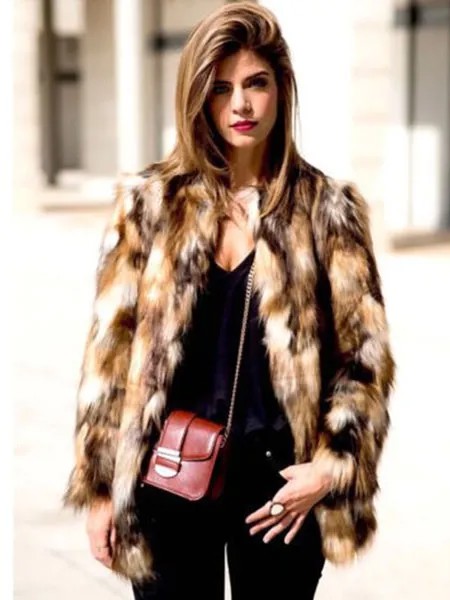 Milanoo Multicolor Faux Fur Coat Women Brown Color Block Long Sleeve Winter Coat